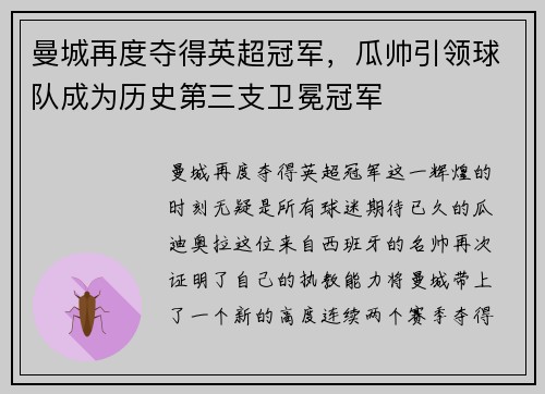 曼城再度夺得英超冠军，瓜帅引领球队成为历史第三支卫冕冠军